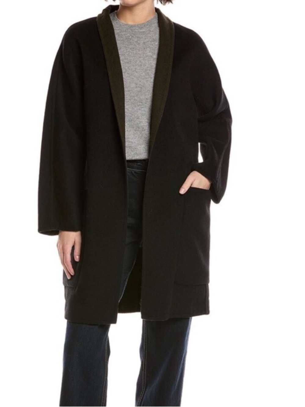 Vince Two-Tone Black and Olive Green Wool Pea Coat